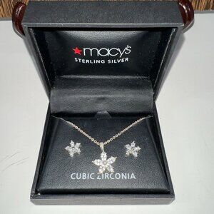 Macys Sterling Silver Flower Necklace & Earring Set With Cubic Zirconia In Gift